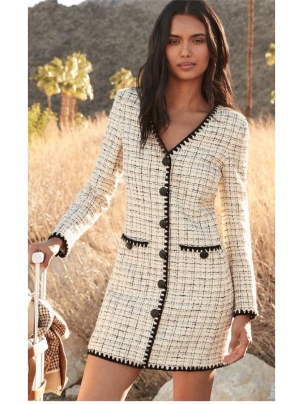 NEW Veronica Beard Palatine Dress Wool-Blend Tweed Long-Sleeve Ivory Black 12